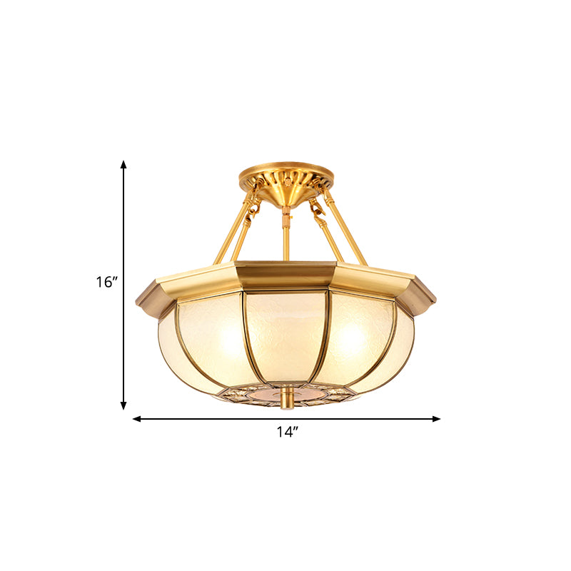 Colonial Oval Ceiling Light Fixture 3/4/6 Bulbs Cream Glass Semi Mount Lighting in Brass for Bedroom, 14"/18"/23.5" W