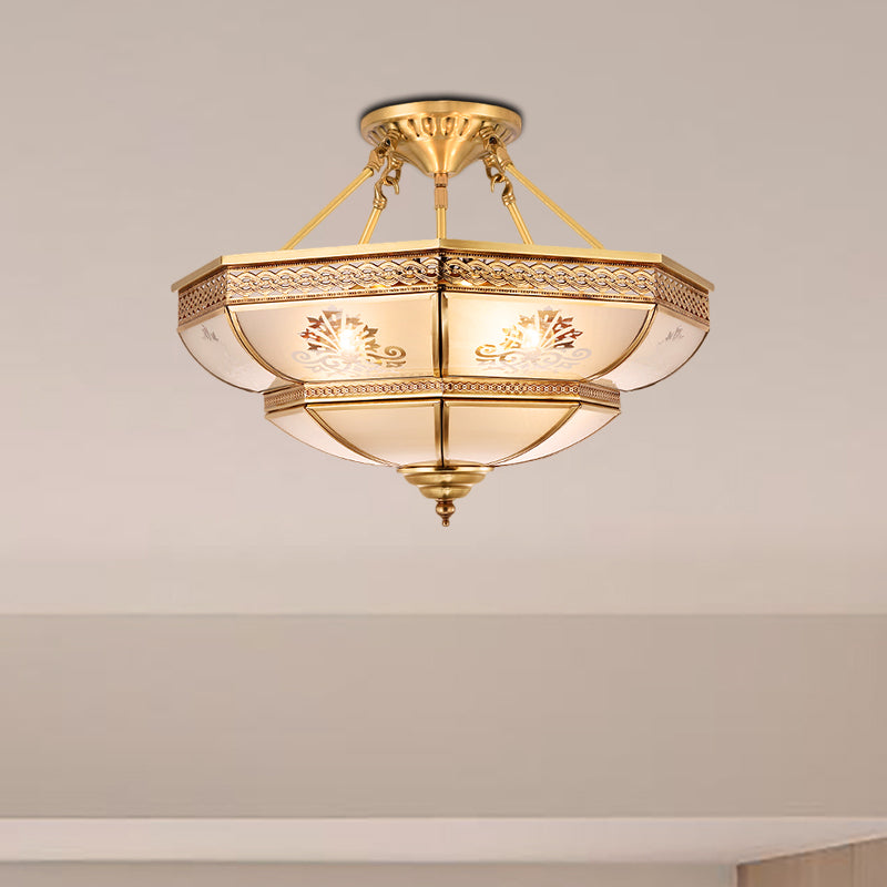 Ivory Glass Brass Ceiling Flush Bowl 4 Heads Colonialist Semi Mount Lighting for Living Room