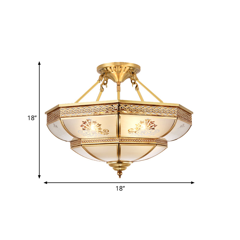 Ivory Glass Brass Ceiling Flush Bowl 4 Heads Colonialist Semi Mount Lighting for Living Room