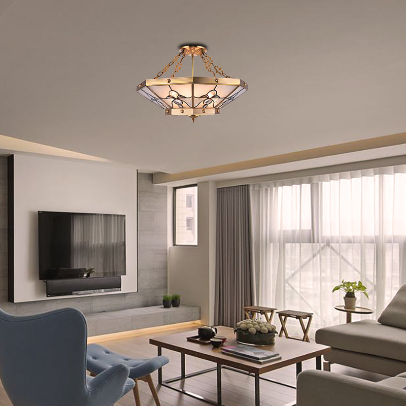 Brass 4 Lights Semi-Flush Ceiling Light Colonialism Bevel Frosted Glass Tapered Ceiling Mount Chandelier for Bedroom, 16"/19.5" W