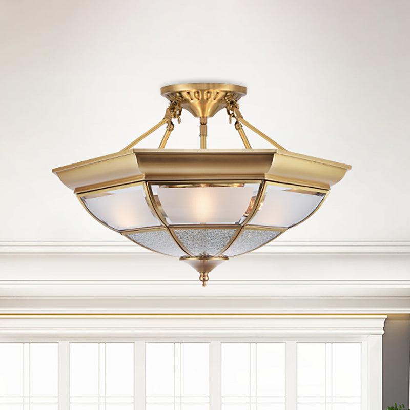 3/4-Light White Glass Semi Flush Colonialist Brass Inverted Living Room Close to Ceiling Lighting, 16"/19.5" W