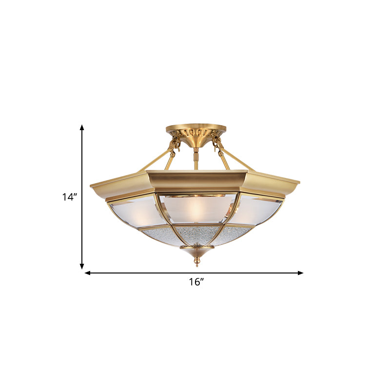 3/4-Light White Glass Semi Flush Colonialist Brass Inverted Living Room Close to Ceiling Lighting, 16"/19.5" W