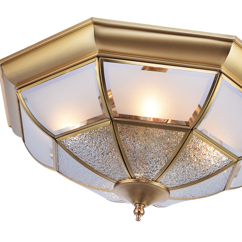 3/4-Light White Glass Semi Flush Colonialist Brass Inverted Living Room Close to Ceiling Lighting, 16"/19.5" W