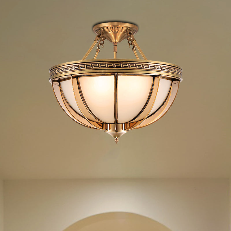 16.5"/20.5" W Ivory Glass Bowl Ceiling Lighting Colonial 3/4 Heads Living Room Semi Flush Mount Light Fixture in Brass