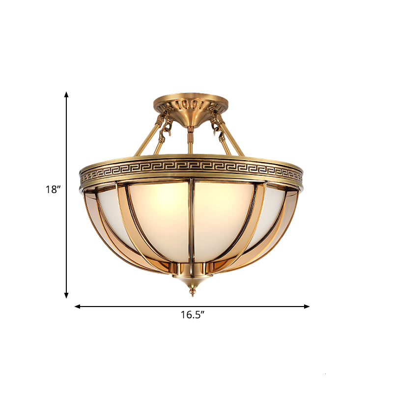 16.5"/20.5" W Ivory Glass Bowl Ceiling Lighting Colonial 3/4 Heads Living Room Semi Flush Mount Light Fixture in Brass
