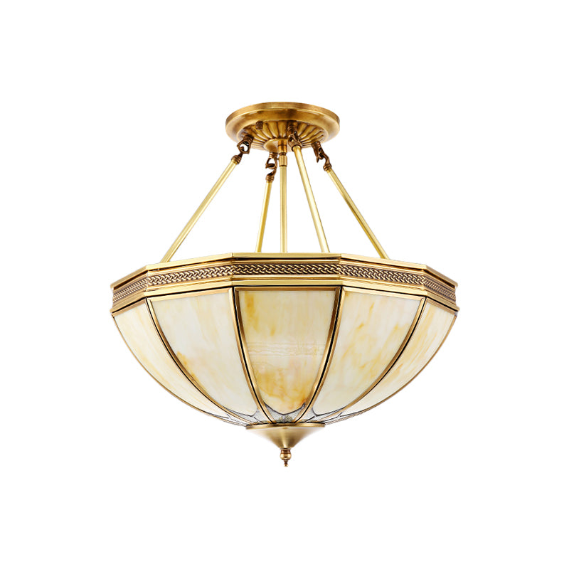 Brass 3/4 Heads Semi Flush Light Colonialism Sandblasted Glass Bowl Ceiling Fixture for Living Room, 14"/18" W