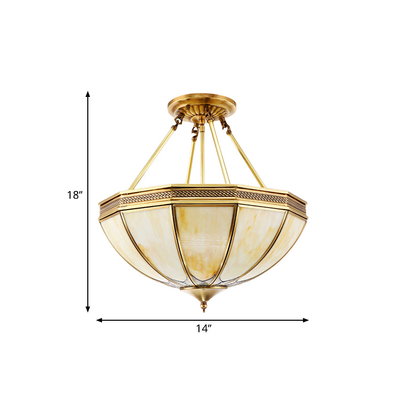 Brass 3/4 Heads Semi Flush Light Colonialism Sandblasted Glass Bowl Ceiling Fixture for Living Room, 14"/18" W