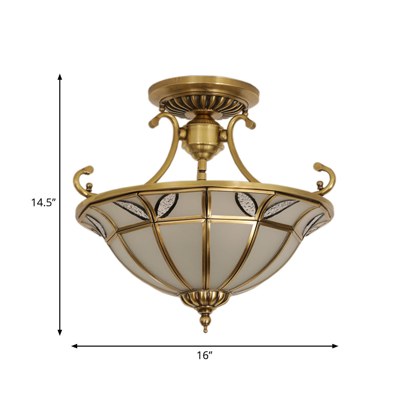 Brass 3 Heads Semi Flush Light Colonialism Sandblasted Glass Dome Ceiling Fixture for Porch