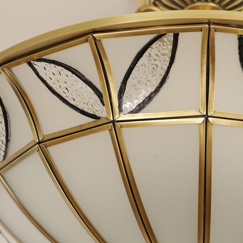 Brass 3 Heads Semi Flush Light Colonialism Sandblasted Glass Dome Ceiling Fixture for Porch
