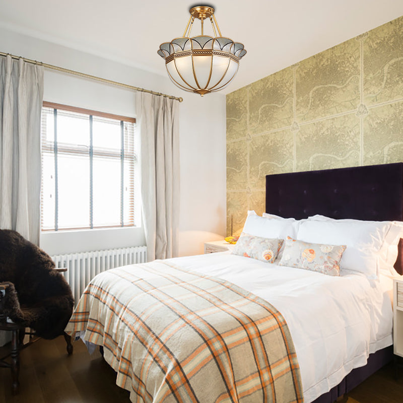 Bowl Milky Glass Ceiling Lighting Colonial 4 Bulbs Living Room Semi Flush Mount Ceiling Light in Brass