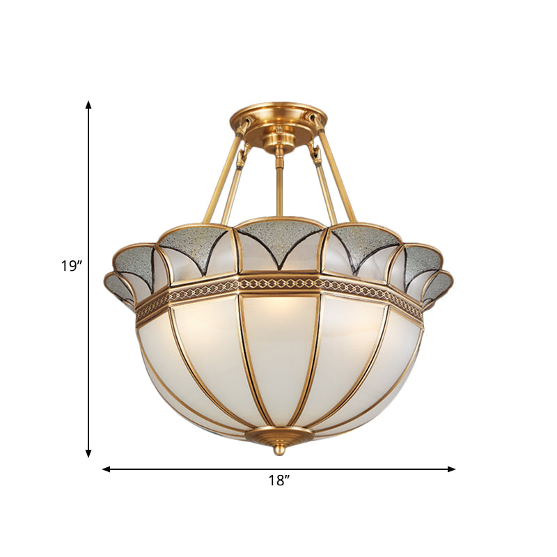 Bowl Milky Glass Ceiling Lighting Colonial 4 Bulbs Living Room Semi Flush Mount Ceiling Light in Brass