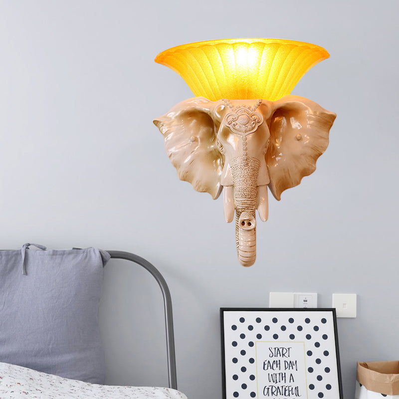 Resin White/Golden Sconce Light Embossed Elephant Single Light Asian Wall Lighting Fixture