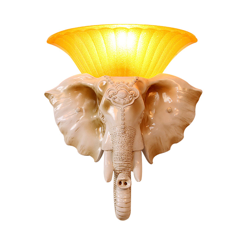 Resin White/Golden Sconce Light Embossed Elephant Single Light Asian Wall Lighting Fixture