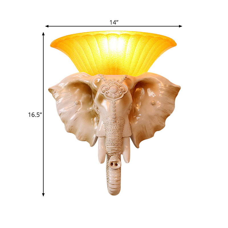 Resin White/Golden Sconce Light Embossed Elephant Single Light Asian Wall Lighting Fixture
