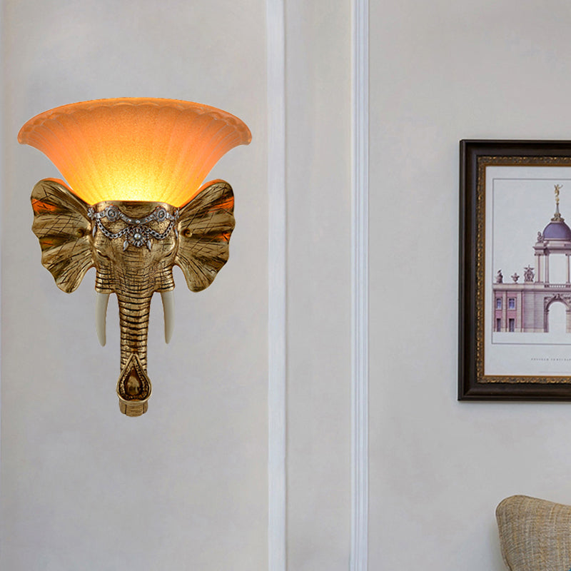 1-Light Flared Wall Mount Lamp Modern Amber Sandblasted Glass Sconce Lighting with Gold Resin Elephant