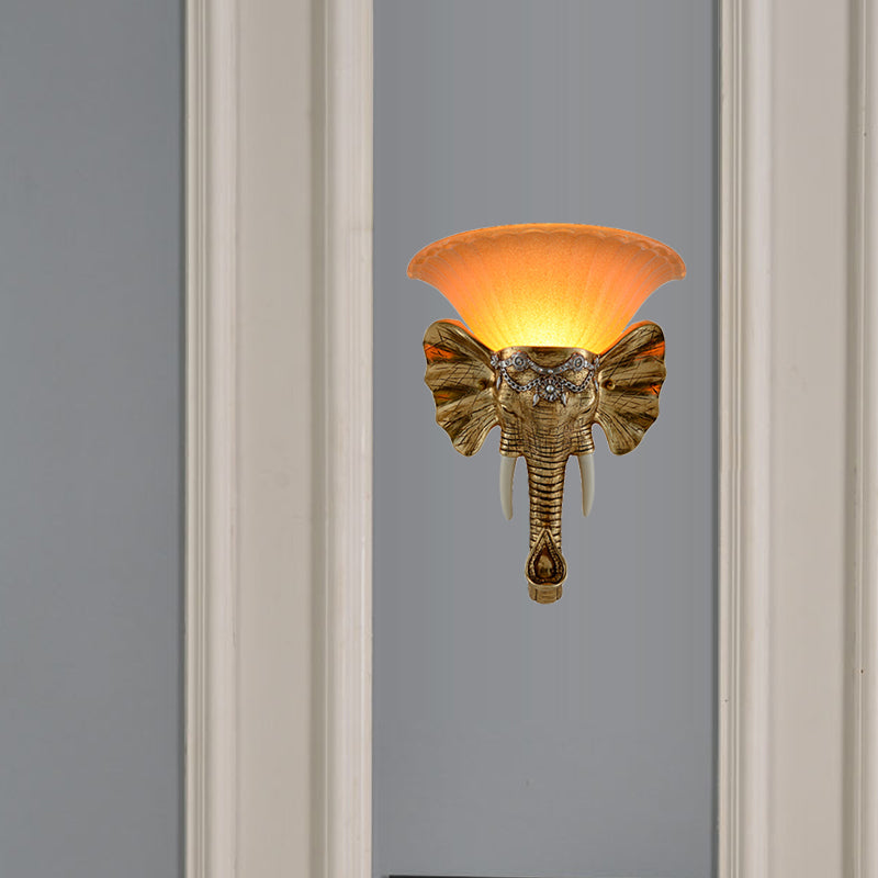 1-Light Flared Wall Mount Lamp Modern Amber Sandblasted Glass Sconce Lighting with Gold Resin Elephant