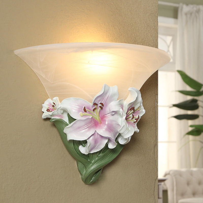 White/Pink Lily Wall Light Contemporary Resin 1 Head Wall Lighting Ideas with Frosted Glass Shade
