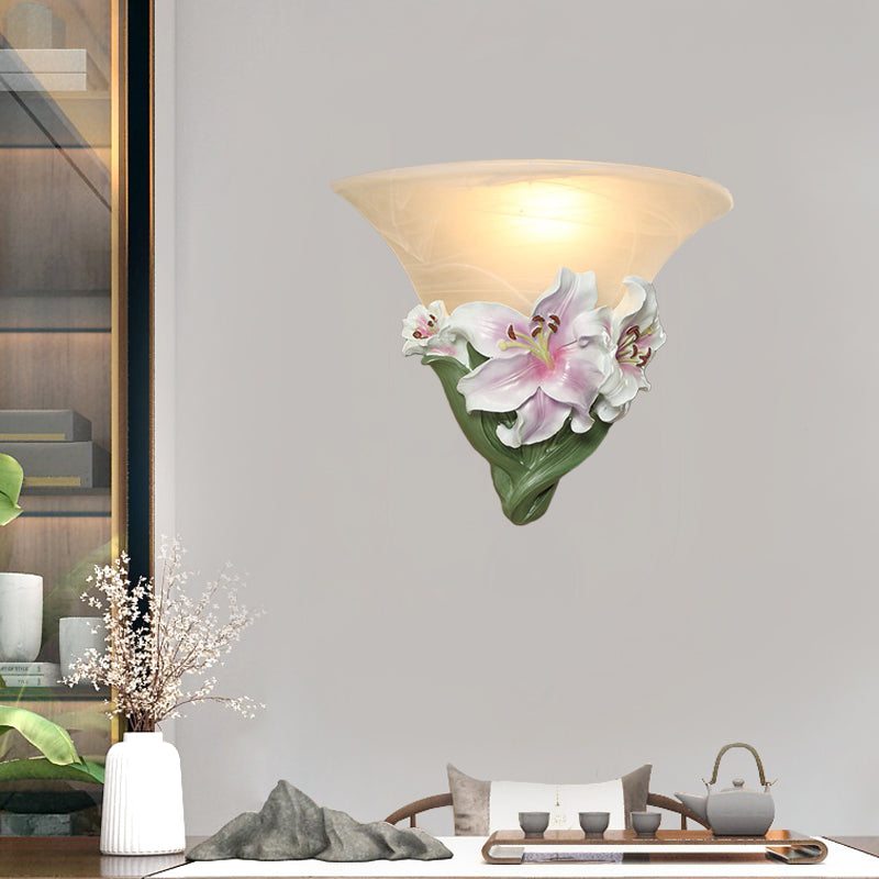 White/Pink Lily Wall Light Contemporary Resin 1 Head Wall Lighting Ideas with Frosted Glass Shade