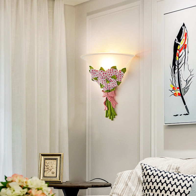 1-Head Frosted Glass Sconce Light Modern White Tapered Wall Lamp with Yellow/Pink Gypsophila Bouquet Element