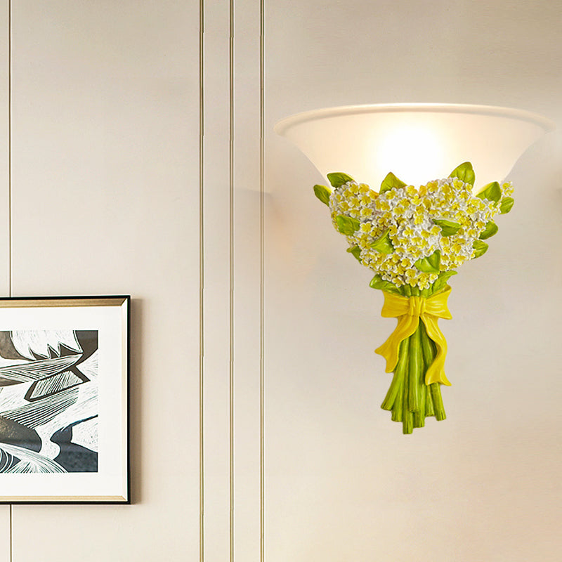 1-Head Frosted Glass Sconce Light Modern White Tapered Wall Lamp with Yellow/Pink Gypsophila Bouquet Element