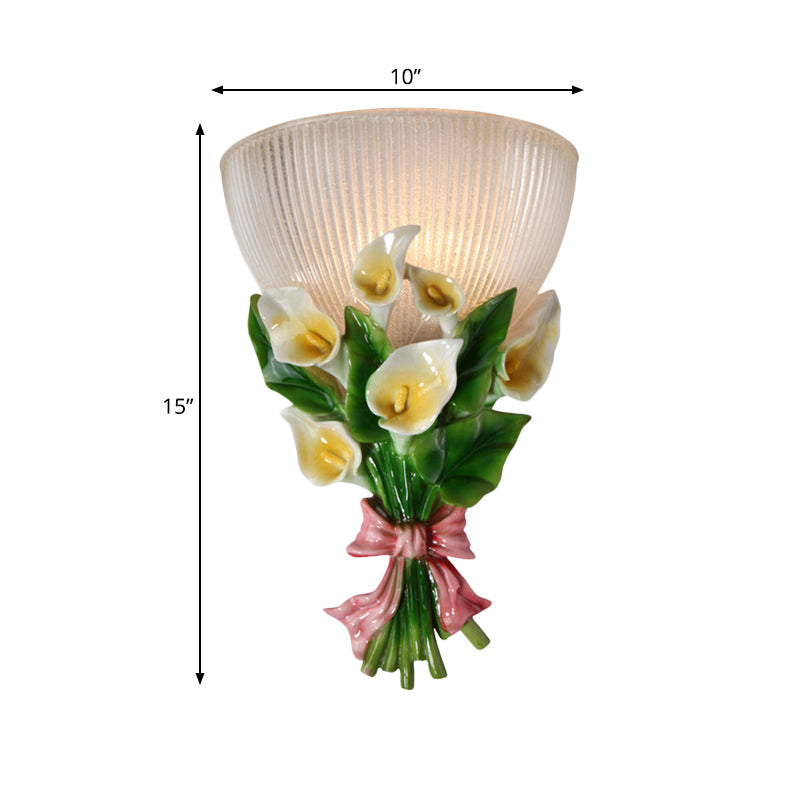 Lampe murale de forme en dôme moderne en verre côtelé élégant 1 éclairage d'applications blanches à l'ampoule avec bouquet vert détail