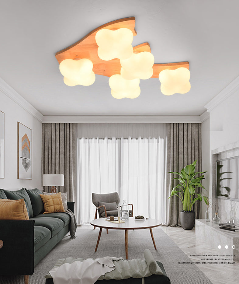 Creative Wooden Flush Mount Ceiling Light Frosted Glass Ceiling Mounted Fixture for Living Room