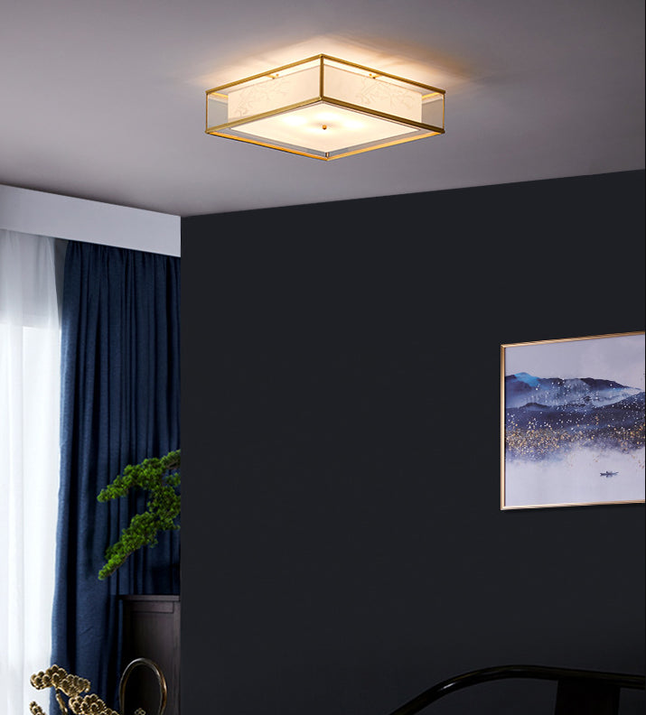 Country Style Square Flush Mount Lamp Fabric Ceiling Mounted Light with Tulle Shade Outside in Gold