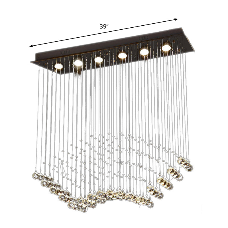 Teardrop Flush Mount Modernism Crystal 6 Bulbs Nickel Ceiling Mounted Fixture with Rectangle Canopy