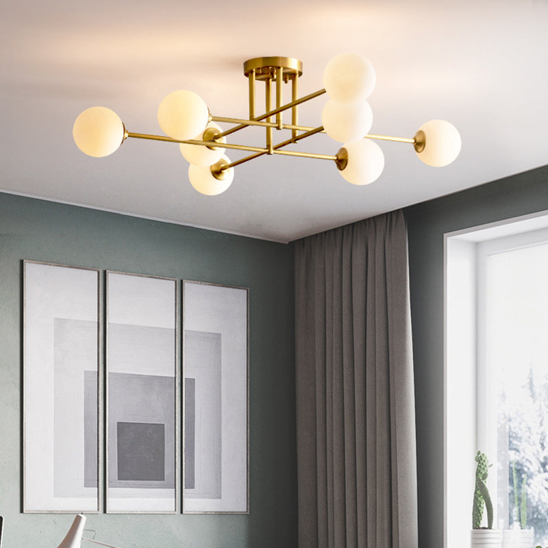Post-Modern Metal Semi Flush Mount Globe Glass Shade Ceiling Flush Mount in Gold for Bedroom