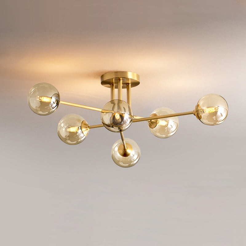 Post-Modern Metal Semi Flush Mount Globe Glass Shade Ceiling Flush Mount in Gold for Bedroom