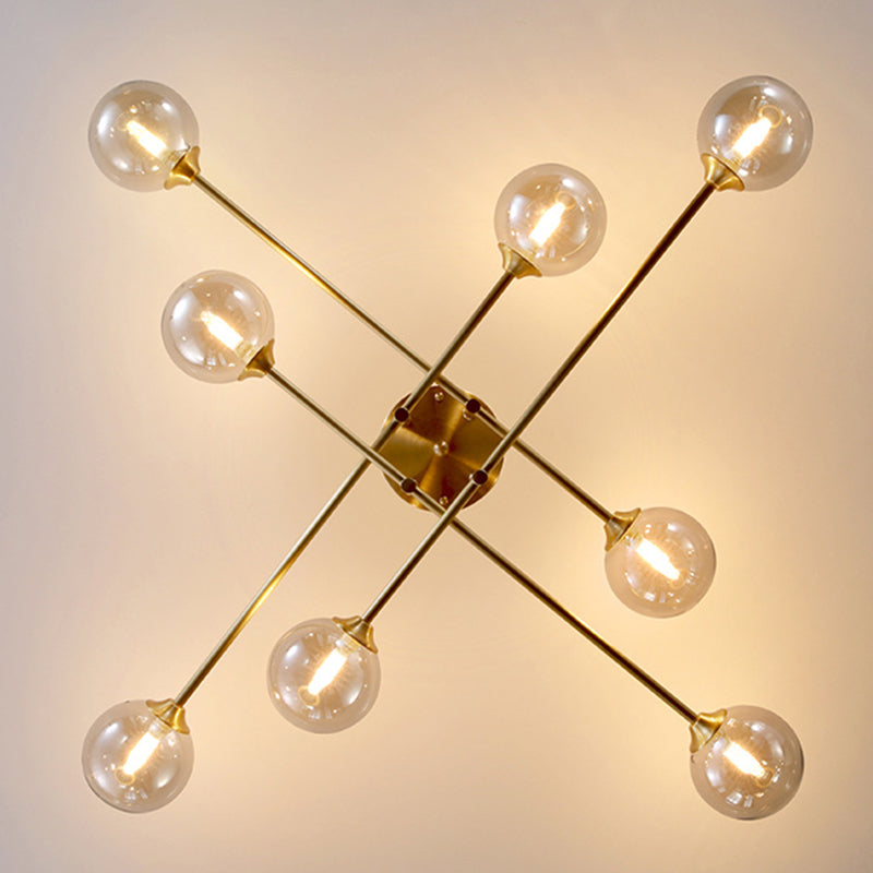 Post-Modern Metal Semi Flush Mount Globe Glass Shade Ceiling Flush Mount in Gold for Bedroom