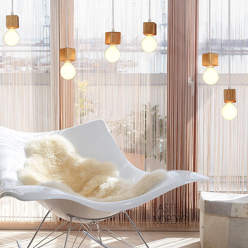 Minimalist Square Hanging Pendant Light Wooden Restaurant Suspension Pendant in Wood