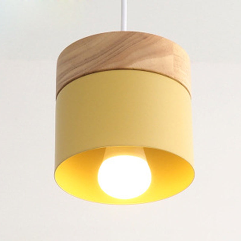Indoor Macaroon Cylinder Pendant Light Wooden Mini Ceiling Lamp in Metal Shade