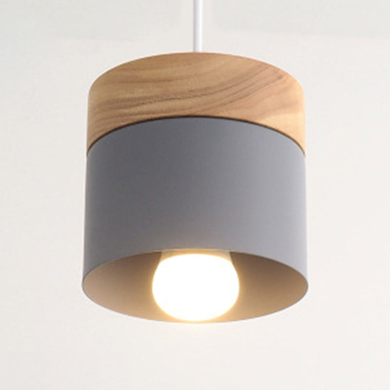 Indoor Macaroon Cylinder Pendant Light Wooden Mini Ceiling Lamp in Metal Shade