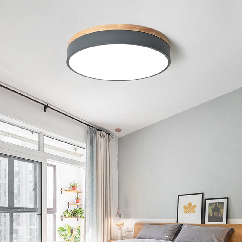 Metal Drum Shaped Flush Lamp Macaron LED Flush Ceiling Light with Wood Canopy for Bedroom
