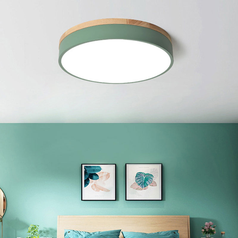 Metal Drum Shaped Flush Lamp Macaron LED Flush Ceiling Light with Wood Canopy for Bedroom