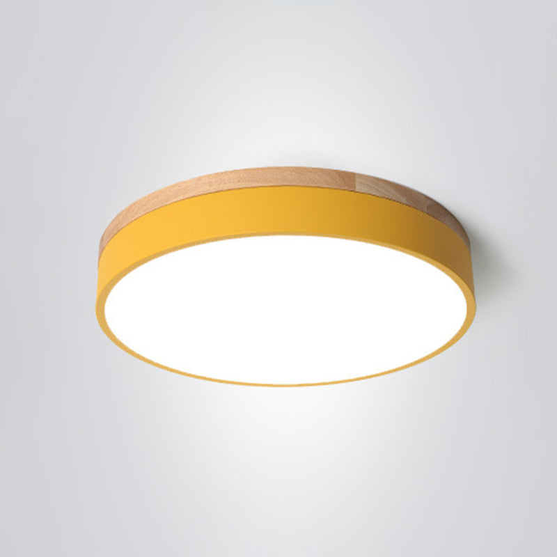 Metal Drum Shaped Flush Lamp Macaron LED Flush Ceiling Light with Wood Canopy for Bedroom