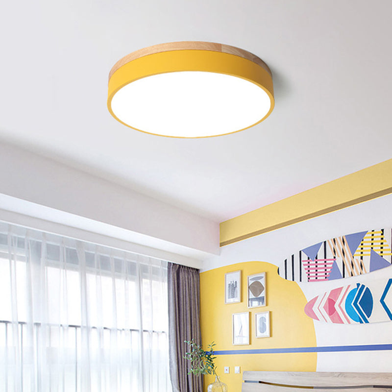 Metal Drum Shaped Flush Lamp Macaron LED Flush Ceiling Light with Wood Canopy for Bedroom