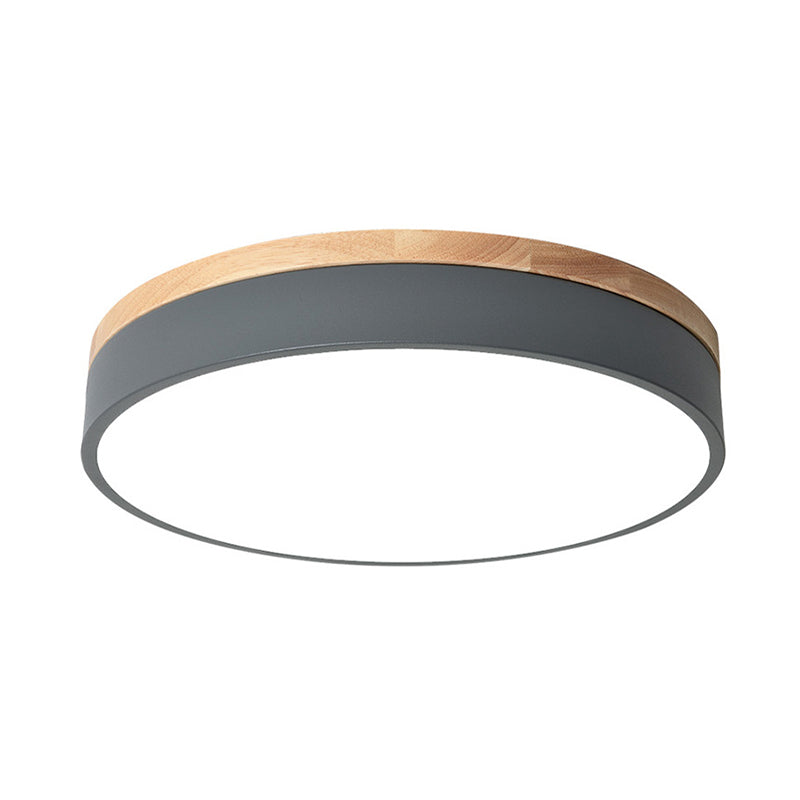 Metal Drum Shaped Flush Lamp Macaron LED Flush Ceiling Light with Wood Canopy for Bedroom