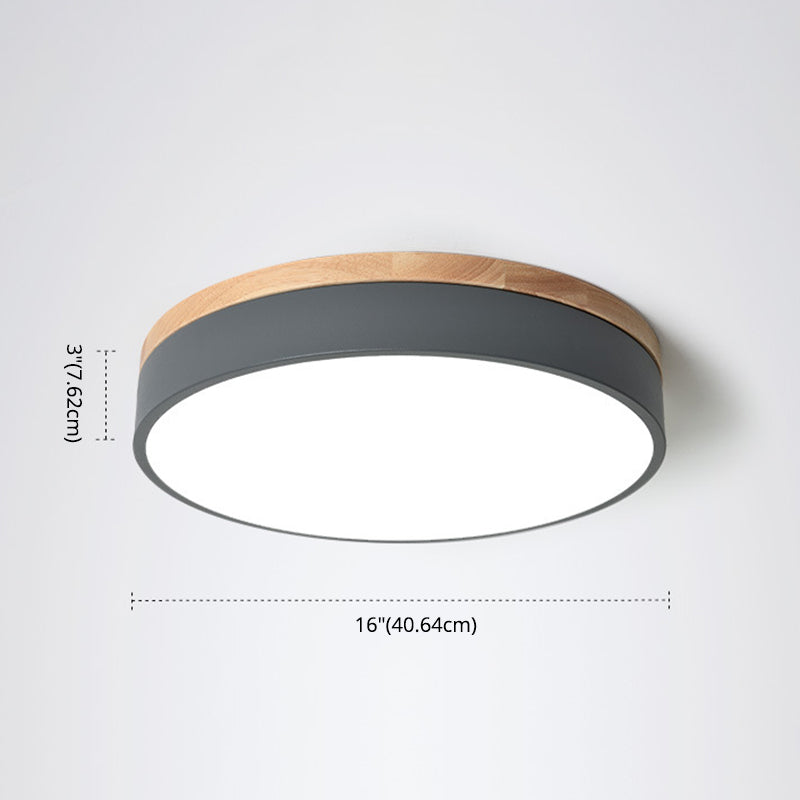 Metal Drum Shaped Flush Lamp Macaron LED Flush Ceiling Light with Wood Canopy for Bedroom