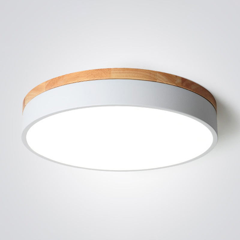 Metal Drum Shaped Flush Lamp Macaron LED Flush Ceiling Light with Wood Canopy for Bedroom