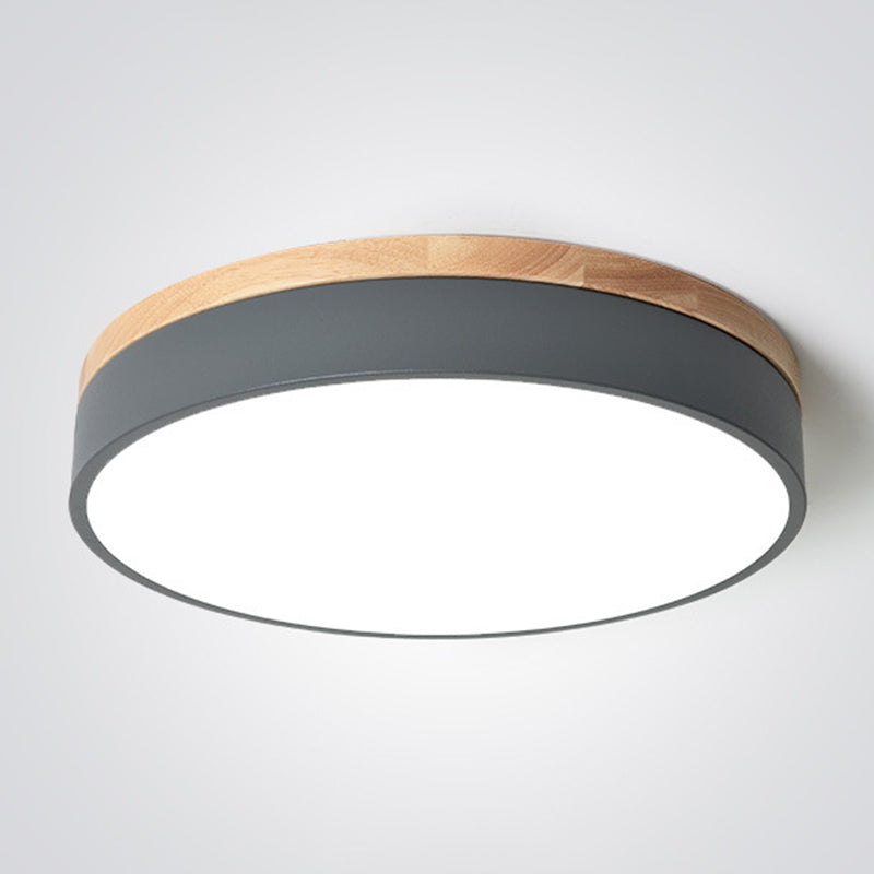 Metal Drum Shaped Flush Lamp Macaron LED Flush Ceiling Light with Wood Canopy for Bedroom