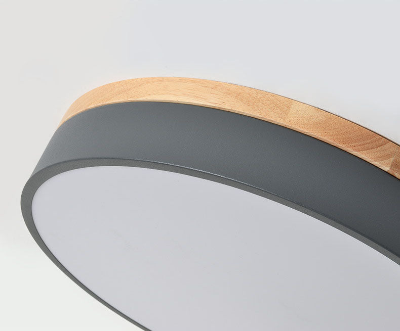 Metal Drum Shaped Flush Lamp Macaron LED Flush Ceiling Light with Wood Canopy for Bedroom
