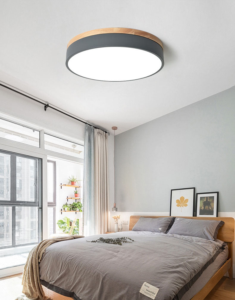 Metal Drum Shaped Flush Lamp Macaron LED Flush Ceiling Light with Wood Canopy for Bedroom