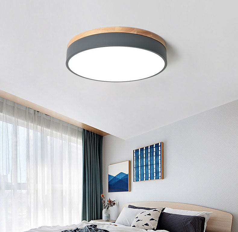 Metal Drum Shaped Flush Lamp Macaron LED Flush Ceiling Light with Wood Canopy for Bedroom