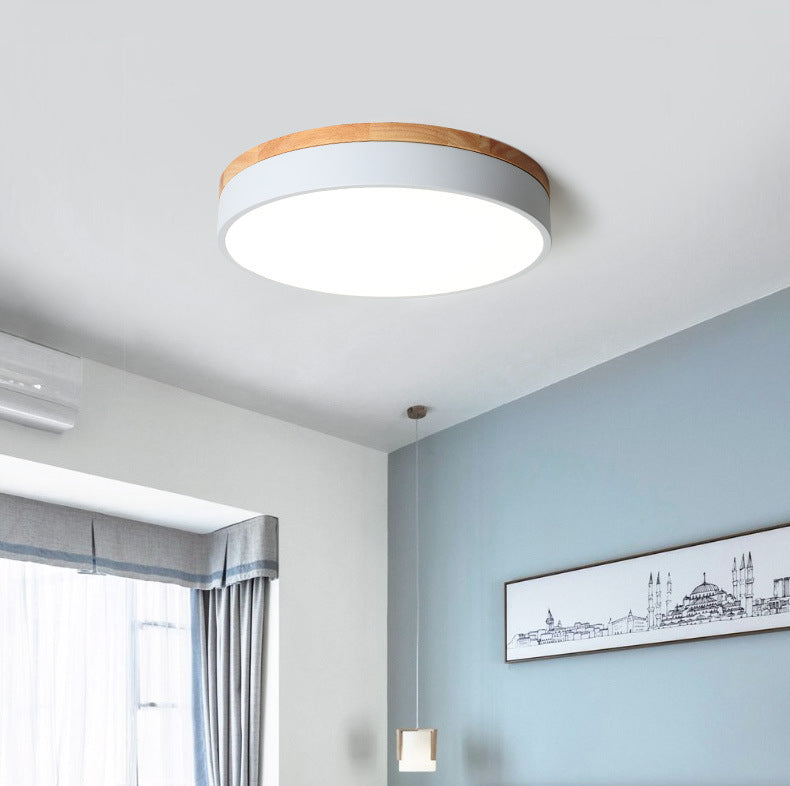 Metal Drum Shaped Flush Lamp Macaron LED Flush Ceiling Light with Wood Canopy for Bedroom