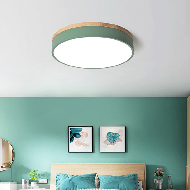 Metal Drum Shaped Flush Lamp Macaron LED Flush Ceiling Light with Wood Canopy for Bedroom