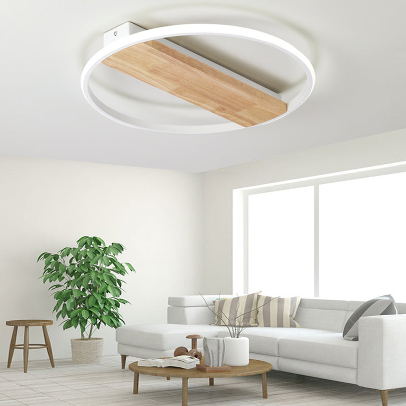 Modern LED Ceiling Light Fixture White Circular Ceiling Mounted Light with Wooden Shade