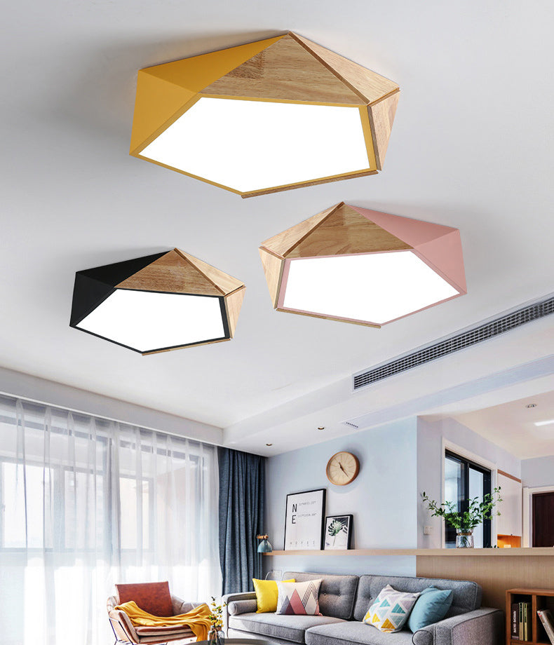 Pentagonal Flush Mount Plafond Lamp Macaron Metaal en hout slaapkamer LED Flush Light