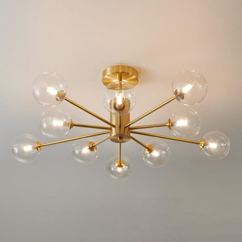 Post-Modern Metal Radial Hanging Chandelier Light Spherical Glass Shade Suspension Light in Gold